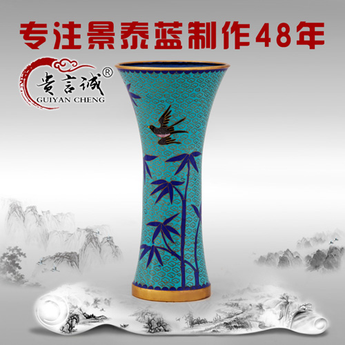 北京景泰蓝 蓝底细腰竹子燕子瓶 传统掐丝珐琅工艺礼品