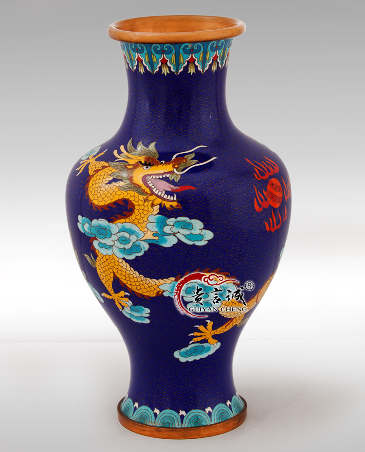 北京景泰蓝蓝底二龙戏珠瓶摆件传统掐丝珐琅工艺礼品